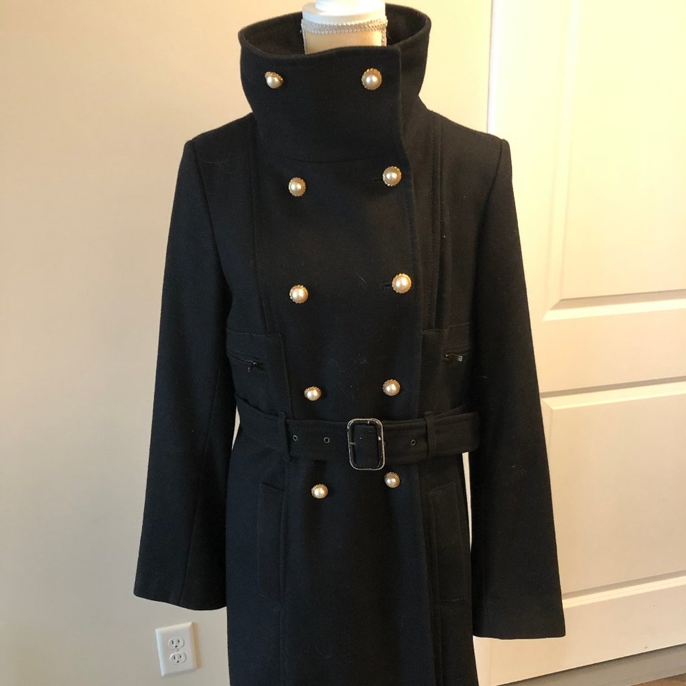 Black wool funnel-necked double-breasted coat